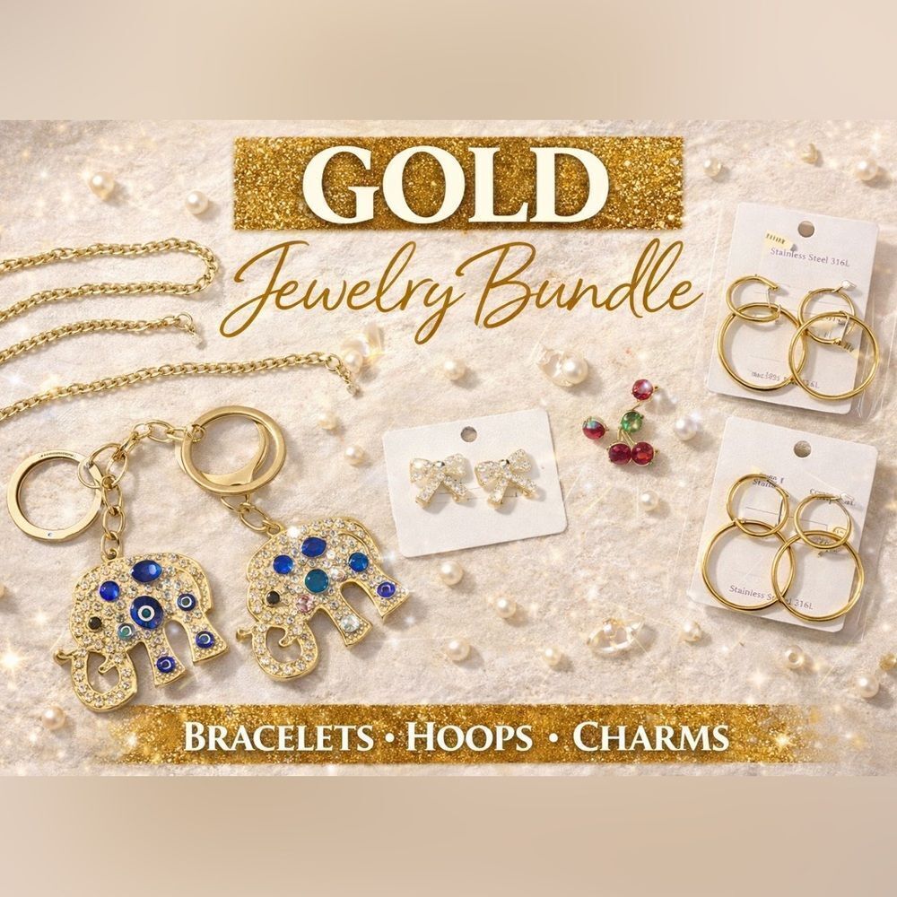 Gold Tone Jewelry Lot Bundle, 10 pieces | Bracelets, Earrings, Bag Charms. NEW!